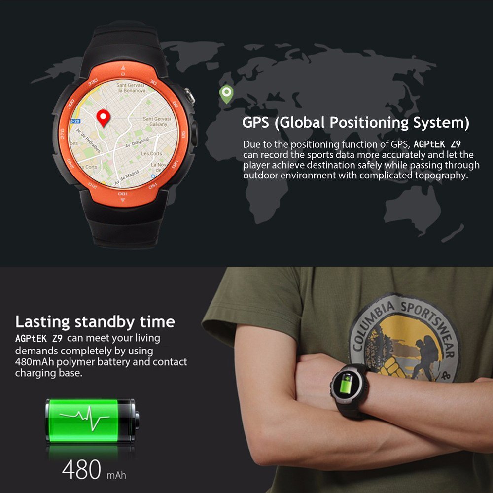 Z9 3G wifi Smart Watch phone Android 5.1 OS MTK6580 Quad Core Support google map Heart Rate Monitoring