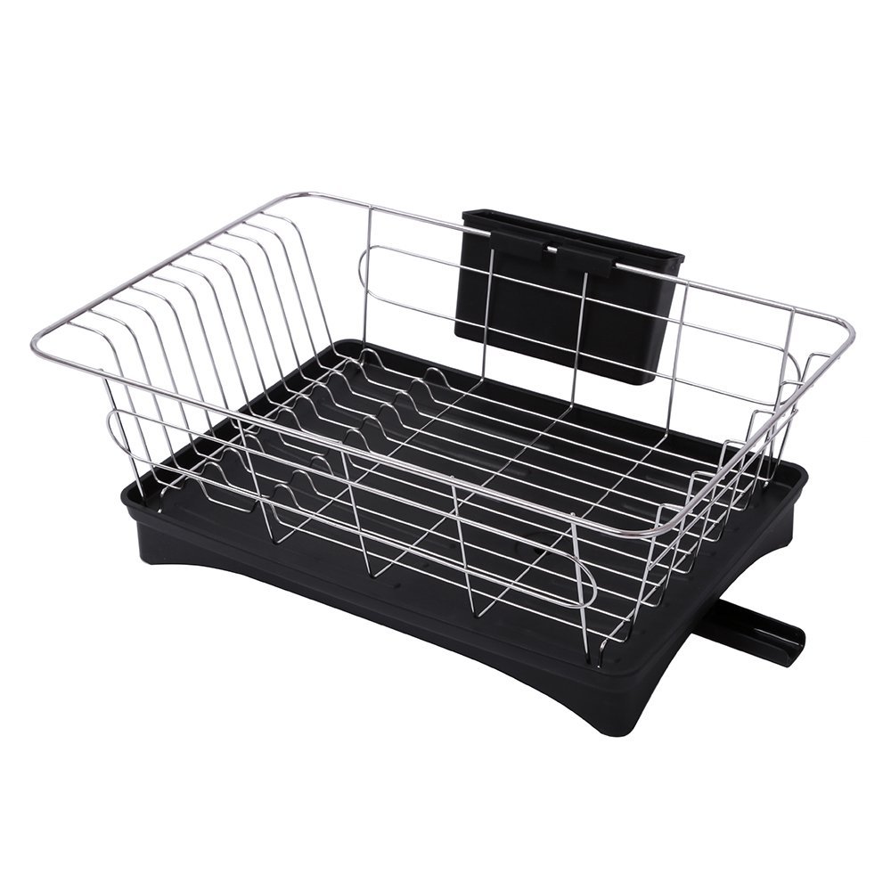 HK Antimicrobial Sink Dish Rack Dish Drainer Multi-Function Sturdy Stainless-Steel Dish Drying Rack w/ Black Drainboard