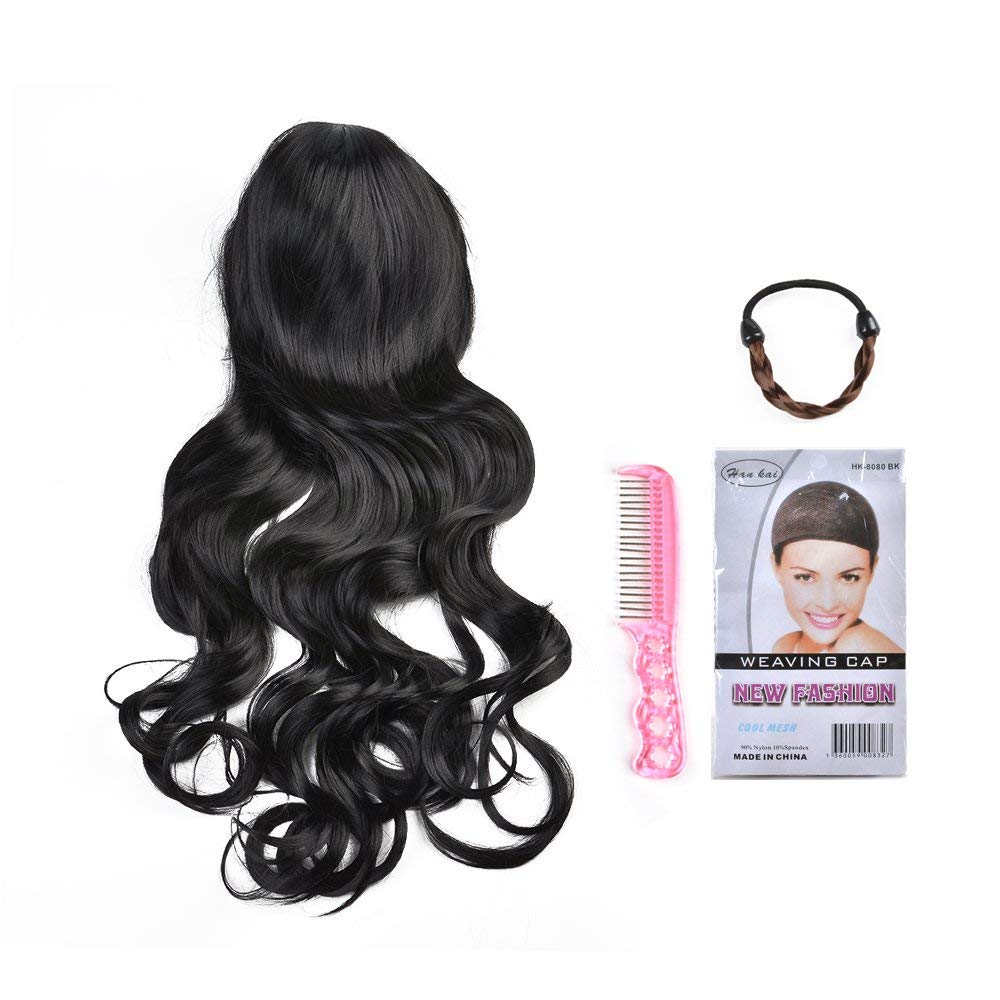 Hair Wigs for Women, Image Long Full Hair Extensions, Curly Wavy Glamour Black Wig with Wig Cap, Wig Comb and Rubber Band