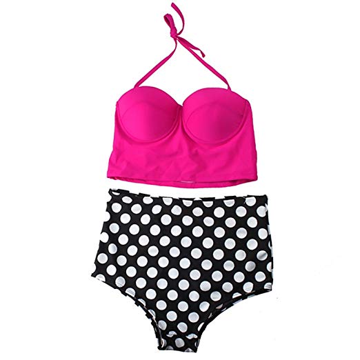 Vintage High Waist Bikini Swimsuit Swimwear Pink Top+Polka Bottom-S