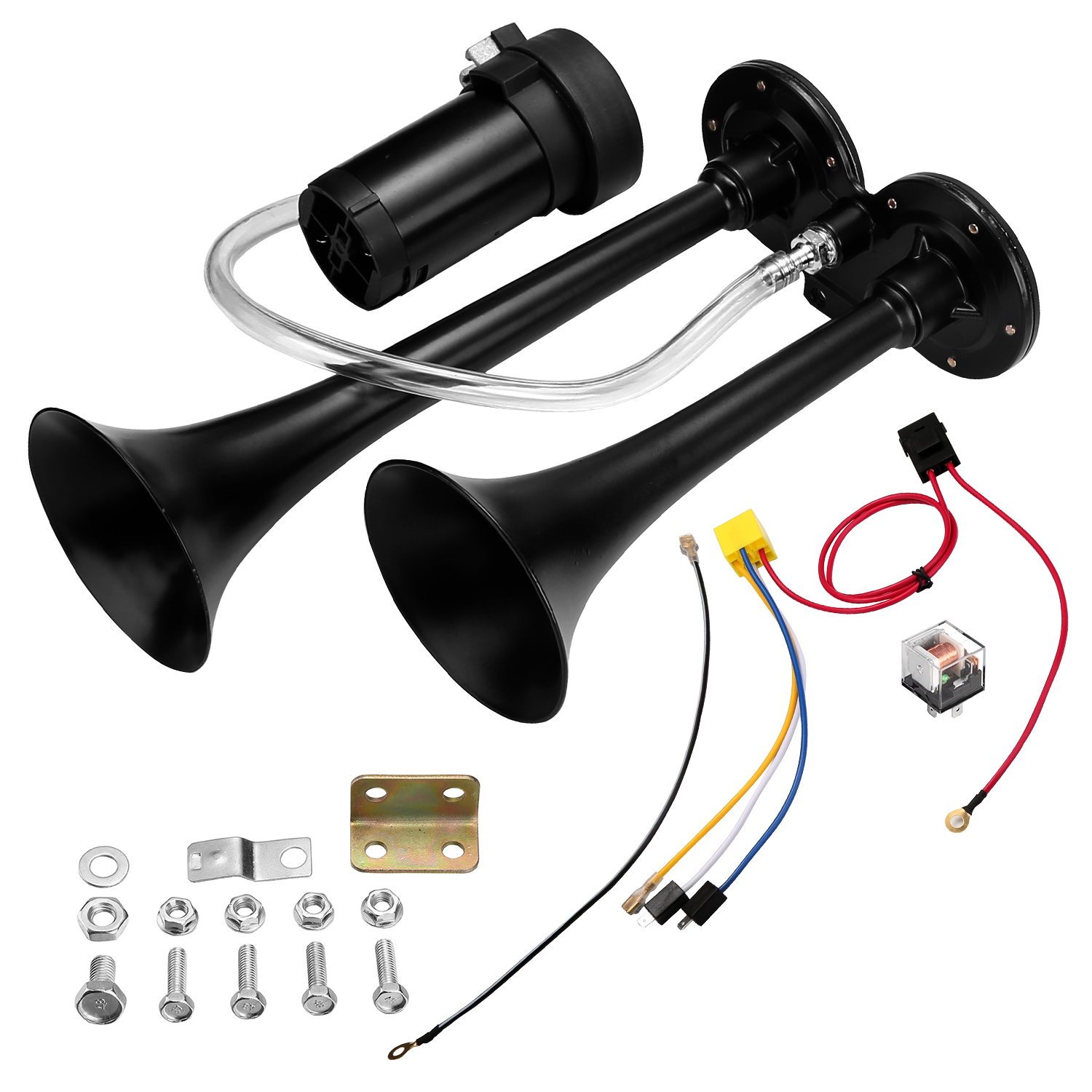 HK 12V 150db Air Horn, 18 Inches Chrome Zinc Single Trumpet Truck Air Horn with Compressor for Any 12V Vehicles Trucks Lorrys Cars Trains Boats Kit, Black