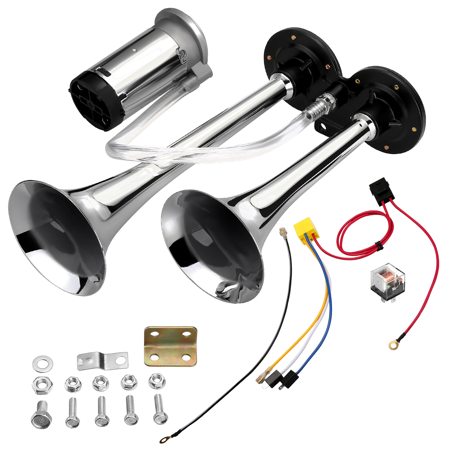 HK 12V 150dB Car Air Horn Kit, Super Loud Twin Tone Chrome Plated Zinc Dual Trumpet Air Horn with Compressor for Any 12V Vehicles Car Truck RV Van SUV Motorcycle Off Road Boat (Silver)