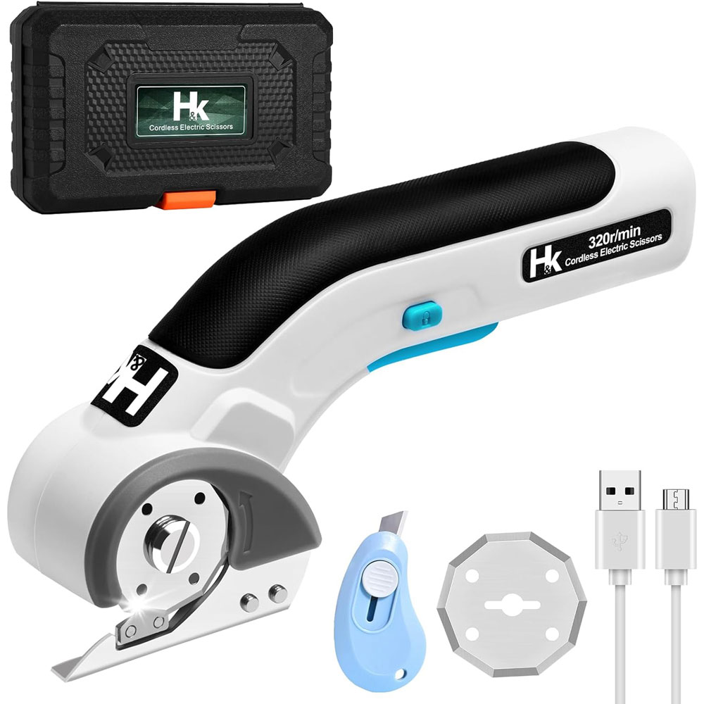 HK Cordless Electric Scissors, 4V Electric Mini Cutter, Carpet & Cardboard Cutter Tool with a Replacement Blade/Charger, Rotary Cutter for Cardboard Packages Leather Plastic