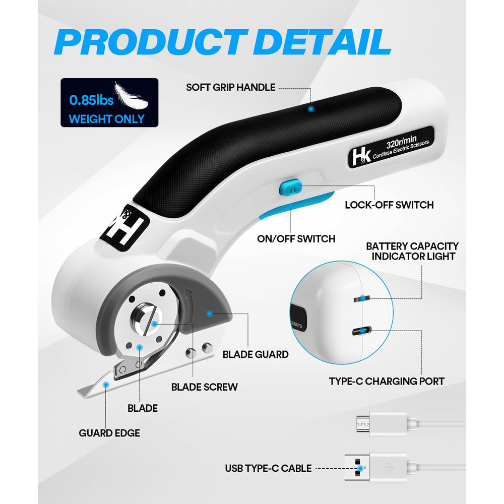 HK Cordless Electric Scissors, 4V Electric Mini Cutter, Carpet & Cardboard Cutter Tool with a Replacement Blade/Charger, Rotary Cutter for Cardboard Packages Leather Plastic